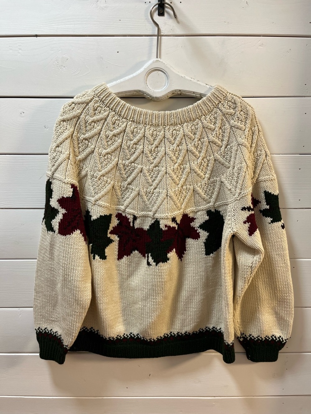 HANDMADE Cream Leaf Pattern Knit Sweater L/XL - Picture 6 of 12